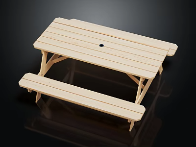 Outdoor Wooden Picnic Table With Slatted Top Attached Benches And Center Hole 3d model