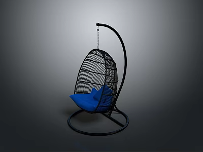 Modern Hanging Chair With Black Metal Frame Mesh Design And Blue Cushion 3d model