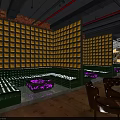 Dark Bar Interior With Yellow Square Walls Green Sofas And Purple Lit Coffee Tables