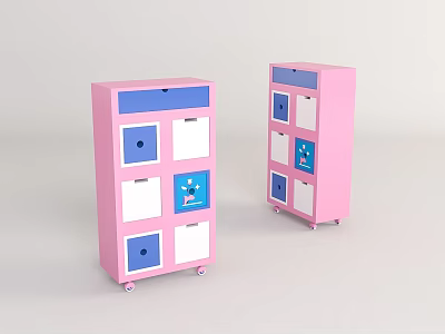 Pink Entryway Side Cabinet With Blue White Panels And Rolling Wheels 3d model