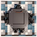 Octagonal Black Conference Table With Office Chairs And Orange Divider On Geometric Rug
