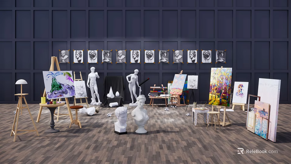 Creative Art Studio With Easels Canvases Paints Plaster Statues And Musical Instruments 3d model 