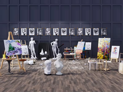Creative Art Studio With Easels Canvases Paints Plaster Statues And Musical Instruments 3d model