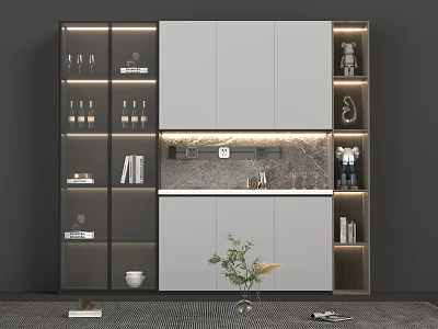 Modern Wine Cabinet Interior With Built in Lighting And Glass Shelves Decorative Items 3d model