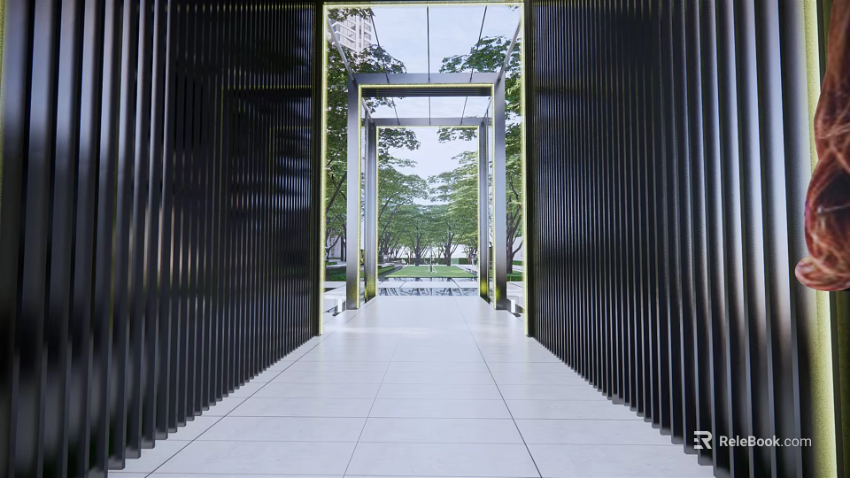 Modern Residential Landscape Entrance with Metal Grille Pathway Framing Green Plants and Sky 3d model 