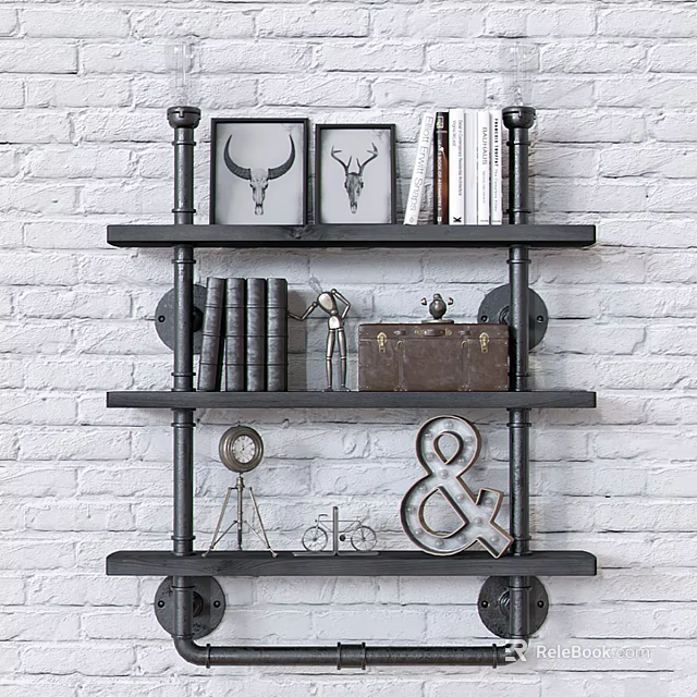 Industrial Decorative Ornaments Set On Black Metal Shelf With White Brick Wall And Vintage Decor 3d model 