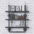 Industrial Decorative Ornaments Set On Black Metal Shelf With White Brick Wall And Vintage Decor