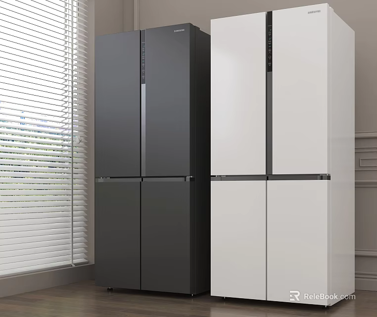 Black and White Four Door Refrigerators in Modern Room With Window Blinds 3d model 