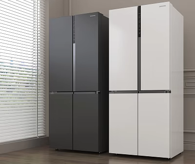 Black and White Four Door Refrigerators in Modern Room With Window Blinds 3d model