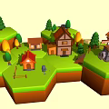 Charming Scenic Landscape With Green Trees Cozy Houses And Windmill On Rolling Hills