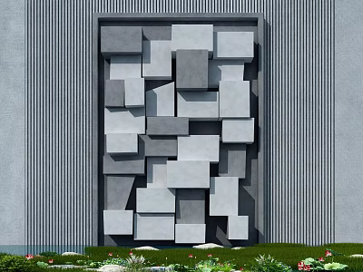 Modern Geometric Feature Wall With 3D Gray Blocks Arrangement Against Vertical Striped Backdrop And Lawn 3d model