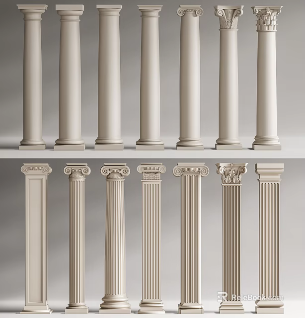 Elegant Roman Columns With Various Capital Styles And Smooth Shaft Details 3d model 