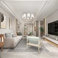 Modern Living And Dining Room Interior With Sofa Coffee Table TV Unit And Chandeliers