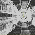 Cartoon Scene Mechanical Control Room with Circular Door Control Panels Lights and Warning Striped Floor