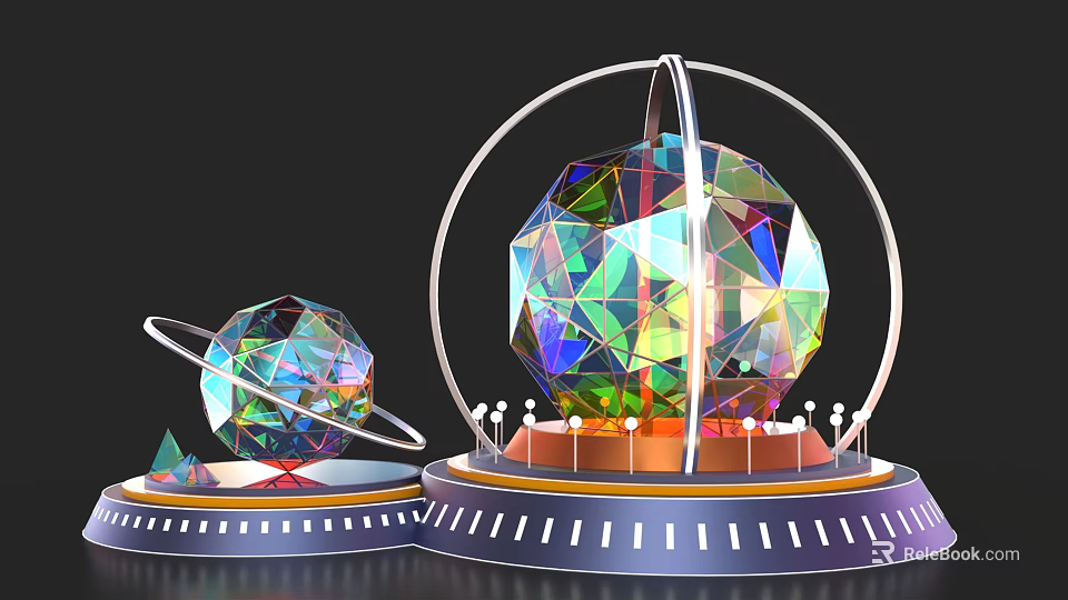 Colorful Polyhedral Spheres With Ring Structures On Orange Blue Pedestal Platforms And Small White Pillars 3d model 
