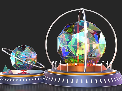 Colorful Polyhedral Spheres With Ring Structures On Orange Blue Pedestal Platforms And Small White Pillars 3d model