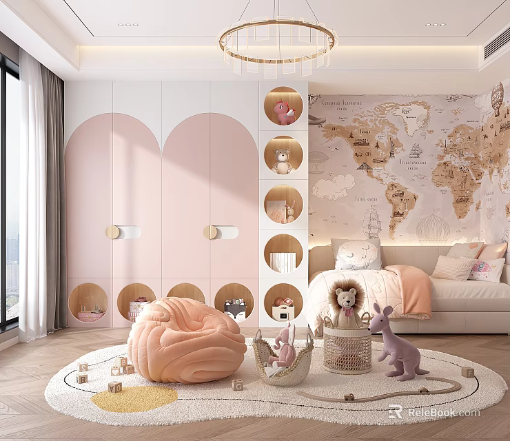 Cozy Kids Room With Pink Cabinets World Map Wall And Plush Toys 3d model 