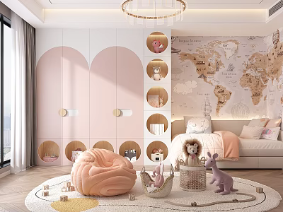Cozy Kids Room With Pink Cabinets World Map Wall And Plush Toys 3d model