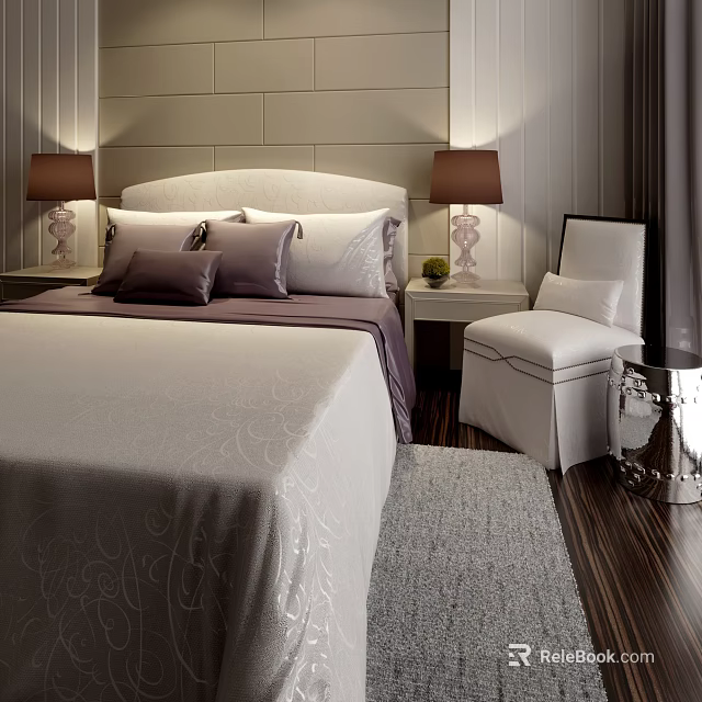 Double Bed With Upholstered Headboard Pillows And Nightstands With Table Lamps Wooden Floor And Chair 3d model 