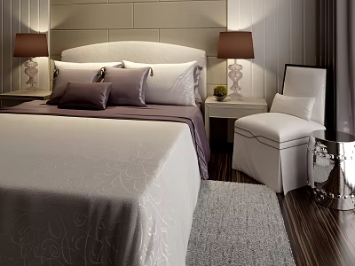 Double Bed With Upholstered Headboard Pillows And Nightstands With Table Lamps Wooden Floor And Chair 3d model