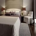 Double Bed With Upholstered Headboard Pillows And Nightstands With Table Lamps Wooden Floor And Chair