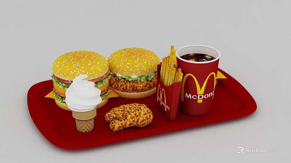 McDonald's Fast Food Assortment With Hamburgers Fries Cola Ice Cream And Chicken Nuggets On Tray 3d model 