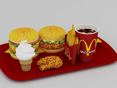 McDonald's Fast Food Assortment With Hamburgers Fries Cola Ice Cream And Chicken Nuggets On Tray 3d model