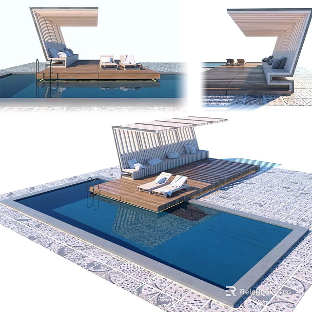 Swimming Pool Area with Wooden Deck Loungers Sunshade Canopy Blue Water and Decorative Tiles 3d model 