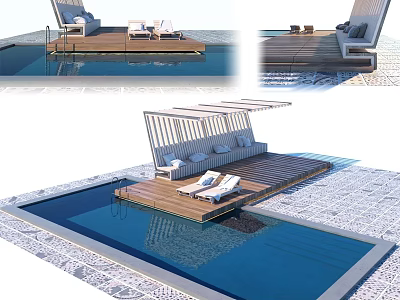 Swimming Pool Area with Wooden Deck Loungers Sunshade Canopy Blue Water and Decorative Tiles 3d model