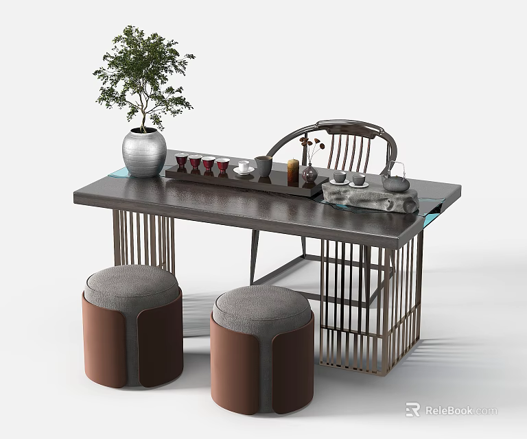 Modern Chinese Tea Table With Metal Frame Wooden Top Gray Brown Stools And Tea Set 3d model 