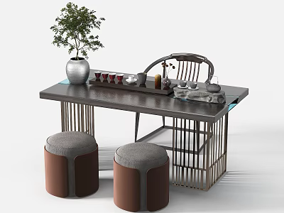 Modern Chinese Tea Table With Metal Frame Wooden Top Gray Brown Stools And Tea Set 3d model