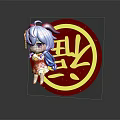 Cute Blue Haired Girl Character In Red Dress With Horns And Red Circular Golden Symbol