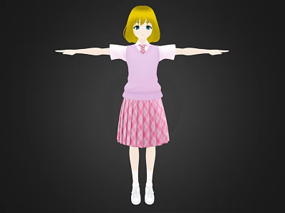 Yellow Haired Blue Eyed 3D Character In Pink Sweater Plaid Skirt Arms Outstretched Black Background 3d model