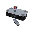 Gray And Black Headphone Speaker With Circular Speakers Digital Display Showing Time And Remote Control