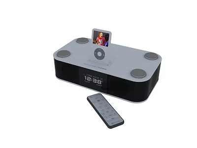 Gray And Black Headphone Speaker With Circular Speakers Digital Display Showing Time And Remote Control 3d model