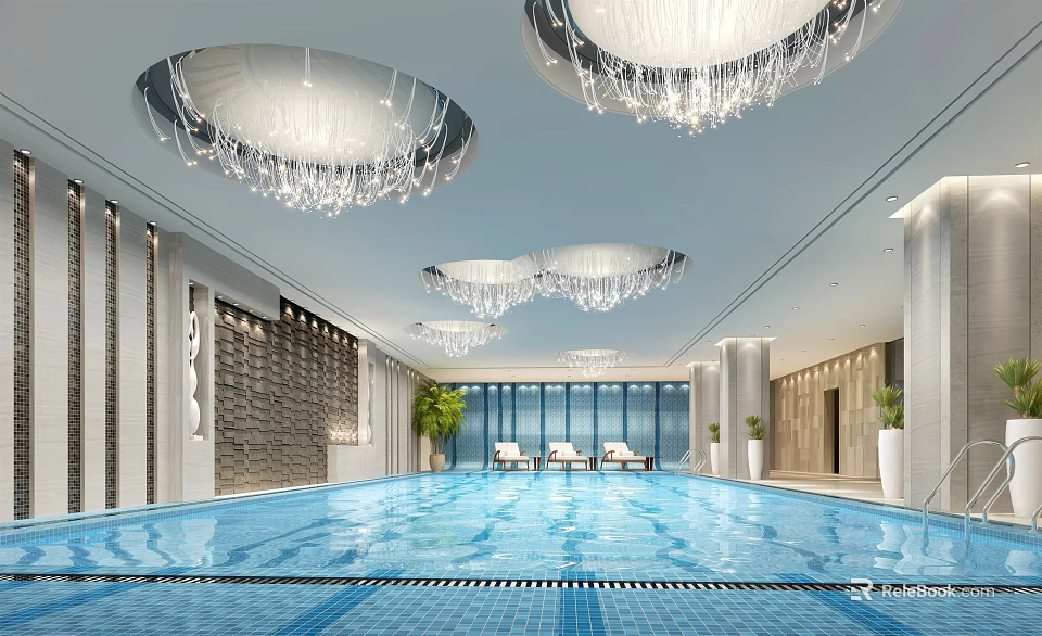 Luxury Swimming Pool Interior With Crystal Chandeliers Large Windows And Lounge Chairs 3d model 