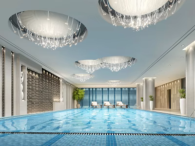 Luxury Swimming Pool Interior With Crystal Chandeliers Large Windows And Lounge Chairs 3d model