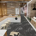 Modern Café Interior With Wooden Accents Pendant Lights And Round White Tables
