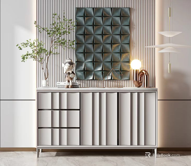 Modern Console Cabinet With Drawers Doors Geometric Wall Decor Potted Plant And Lamp 3d model 