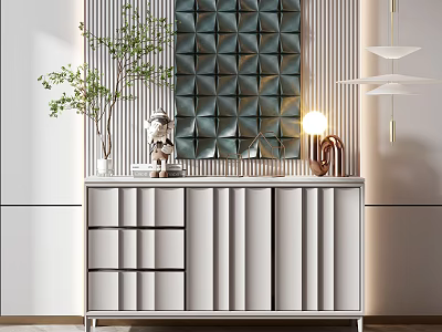 Modern Console Cabinet With Drawers Doors Geometric Wall Decor Potted Plant And Lamp 3d model