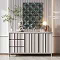 Modern Console Cabinet With Drawers Doors Geometric Wall Decor Potted Plant And Lamp