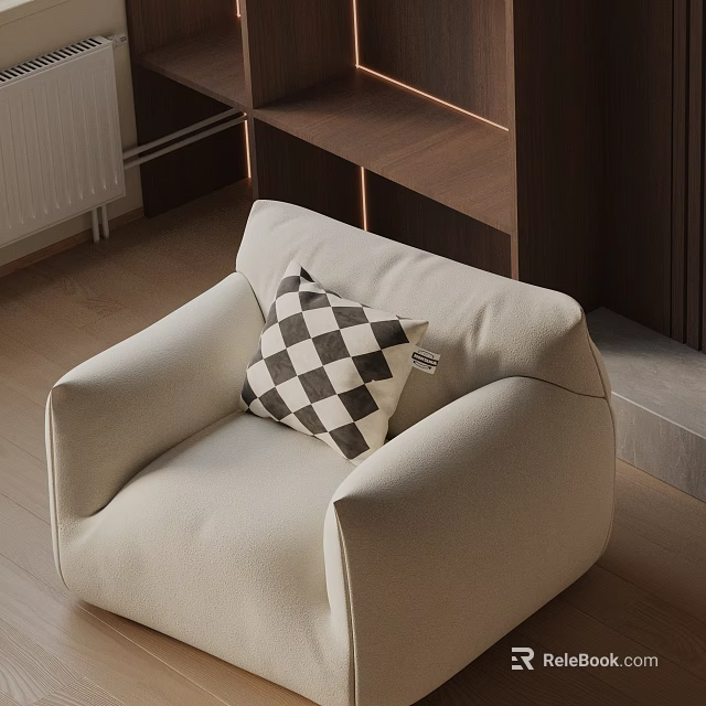 Beige Lounge Chair With Black And White Checkered Pillow On Wooden Floor And Shelves 3d model 