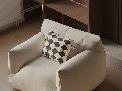 Beige Lounge Chair With Black And White Checkered Pillow On Wooden Floor And Shelves 3d model
