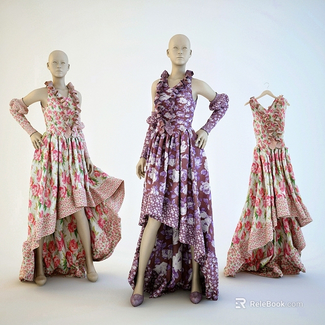 Models Showcasing Floral High Low Dresses In Various Colors With Stylish Designs 3d model 