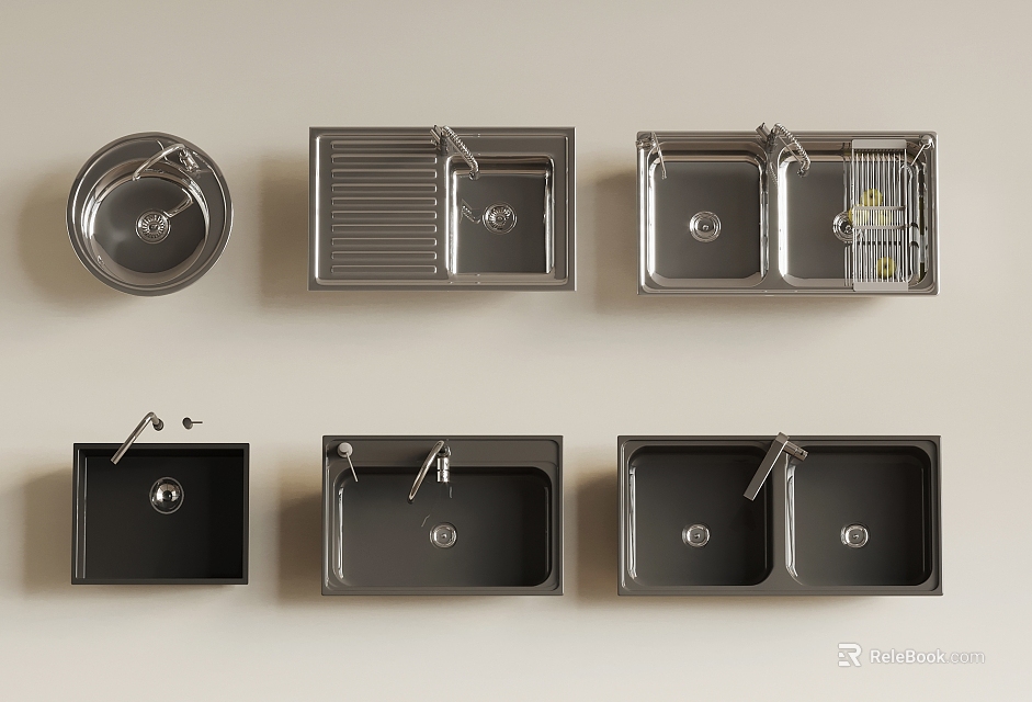 Various Styles of Modern Kitchen Sinks With Single Double Bowl Drainboard and Faucet Design 3d model 