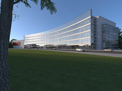 Modern Curved Glass Office Building With Lawn Trees And Roadside Cars Design 3d model