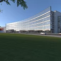 Modern Curved Glass Office Building With Lawn Trees And Roadside Cars Design