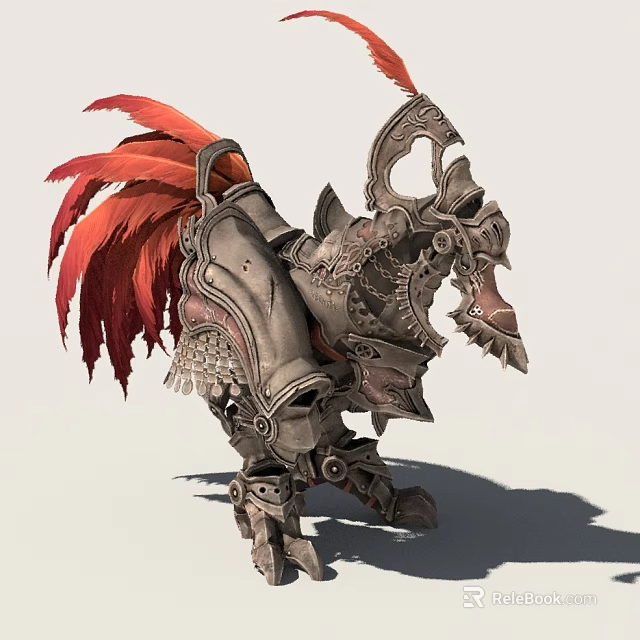 Mythic Character With Mechanical Creature Featuring Ornate Armor And Fiery Red Feathers 3d model 