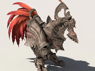 Mythic Character With Mechanical Creature Featuring Ornate Armor And Fiery Red Feathers 3d model