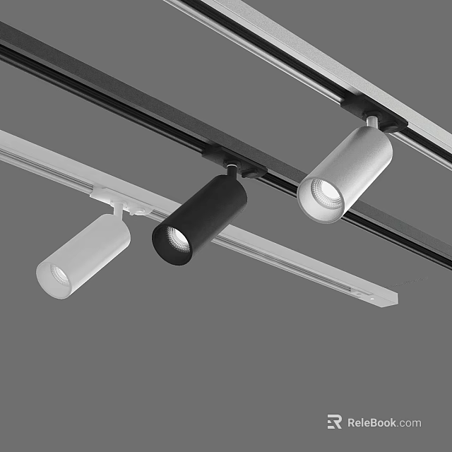 Black and White Downlights and Spotlights in Modern Track Mounted Ceiling Lighting System 3d model 
